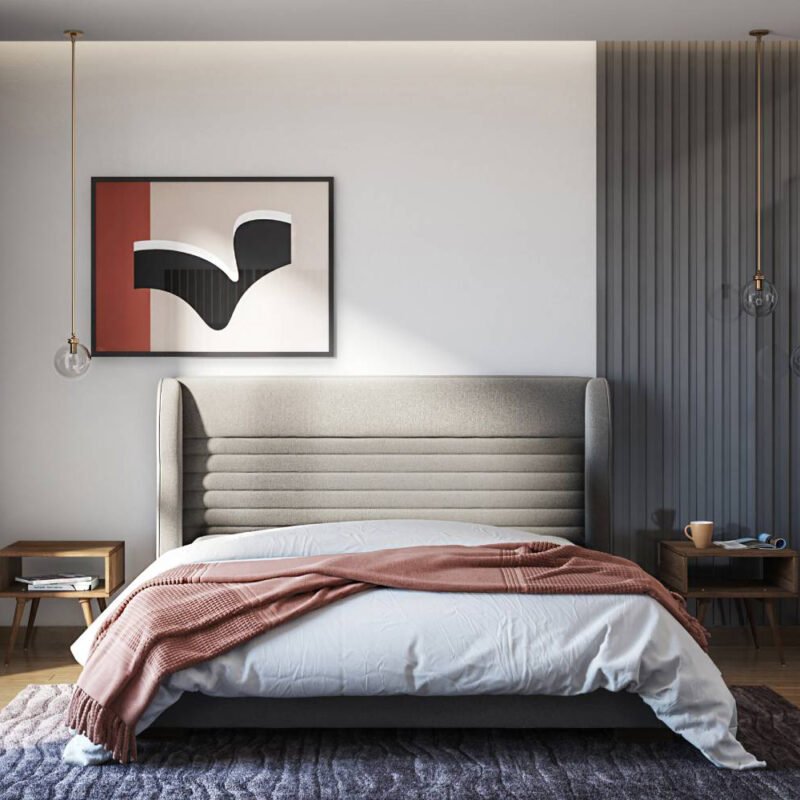 Contemporary Master Bedroom Design with Queen Bed and Geometric Art