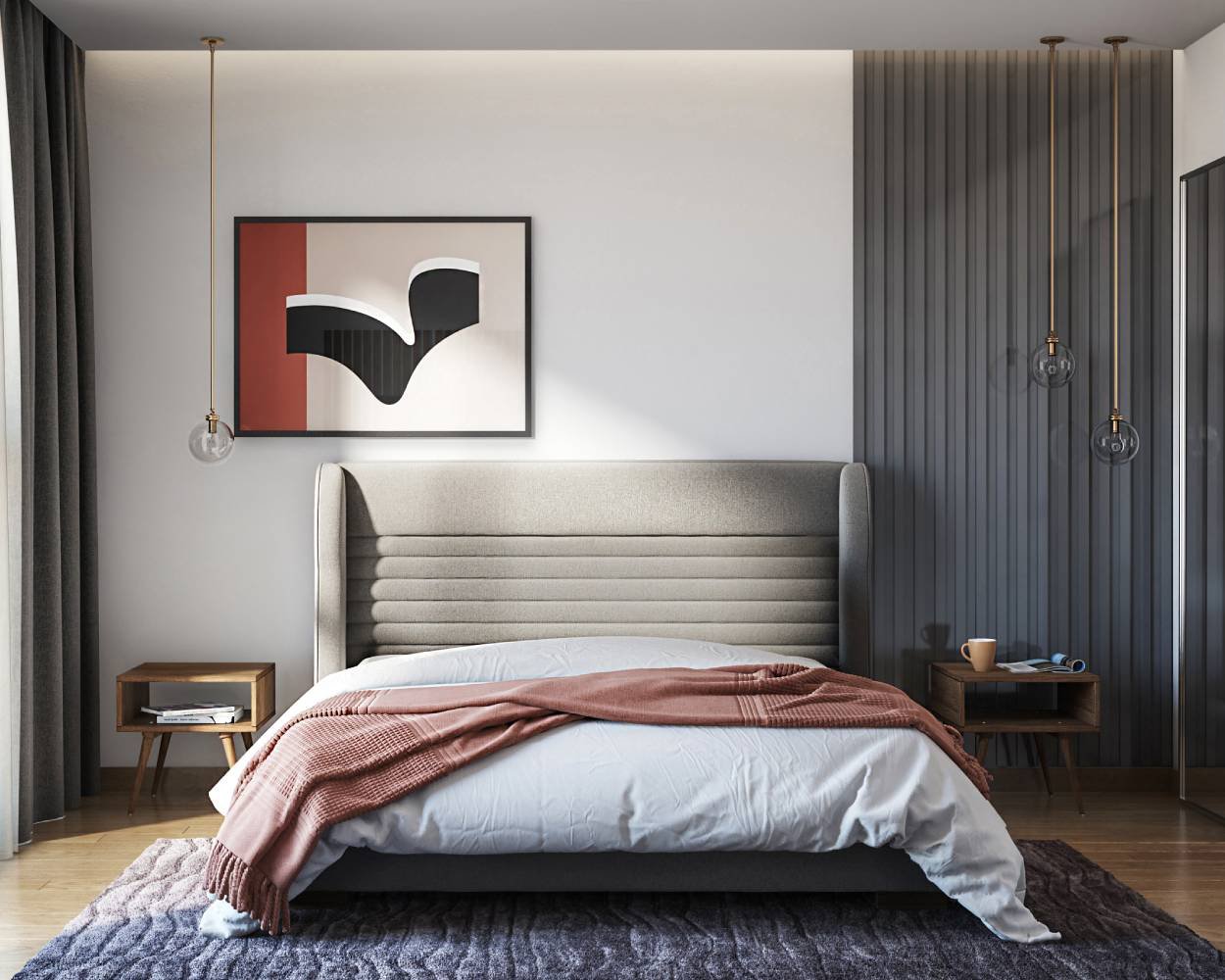 Contemporary Master Bedroom Design with Queen Bed and Geometric Art