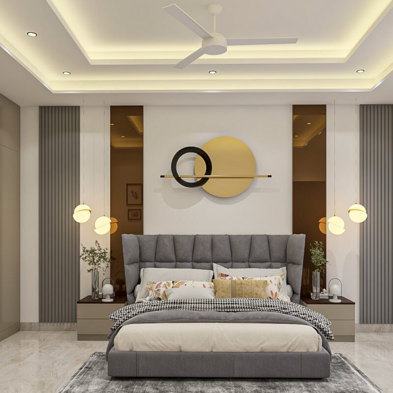 Contemporary Master Bedroom Design with King Beda and Grey Panels