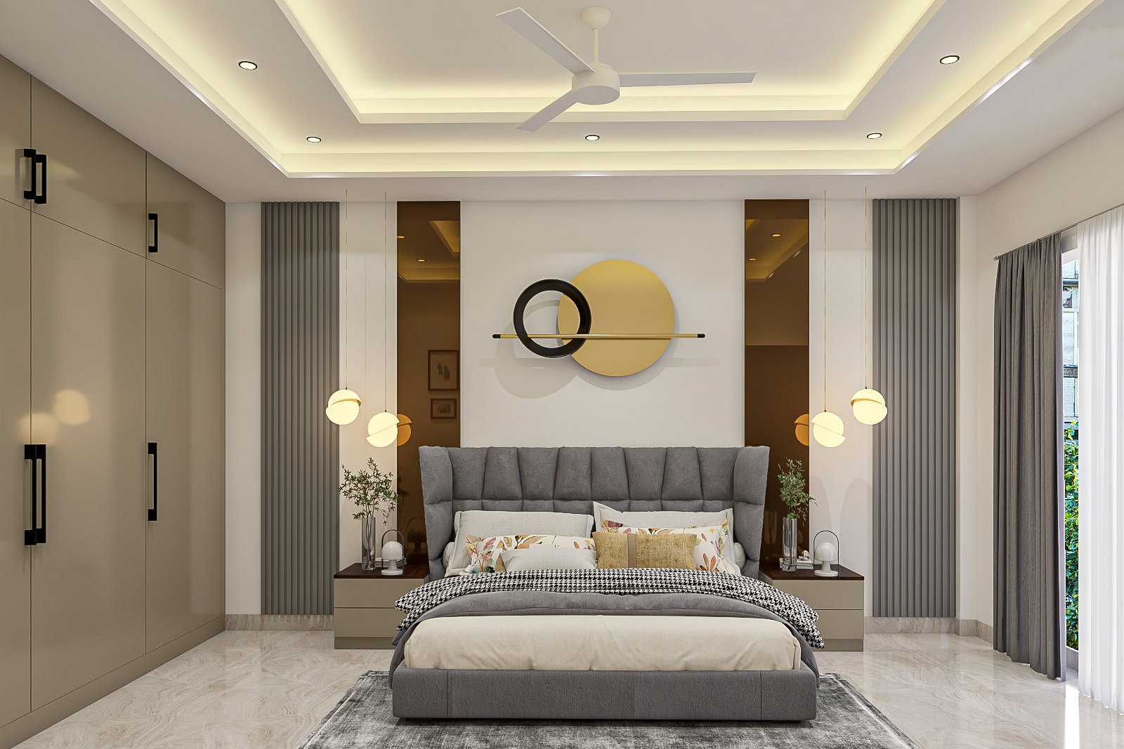 Contemporary Master Bedroom Design with King Beda and Grey Panels