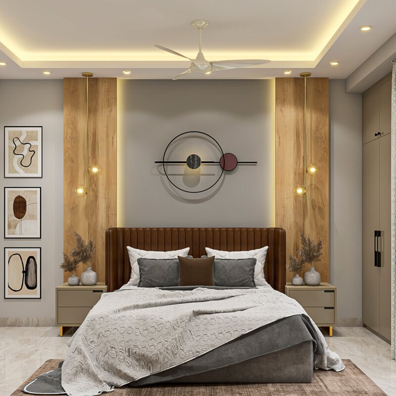 Contemporary Master Bedroom Design with Vertical Wooden Wall Panels