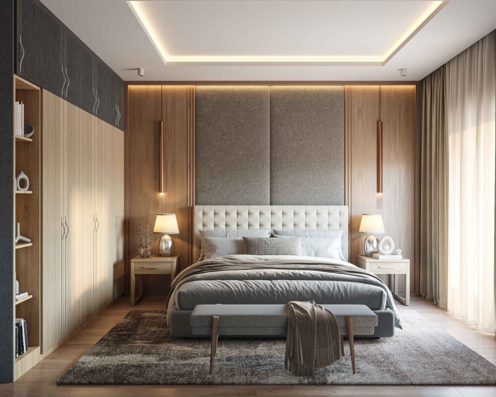 Modern Master Bedroom Design with Upholstered Bed and Wall Panels - MAK ...