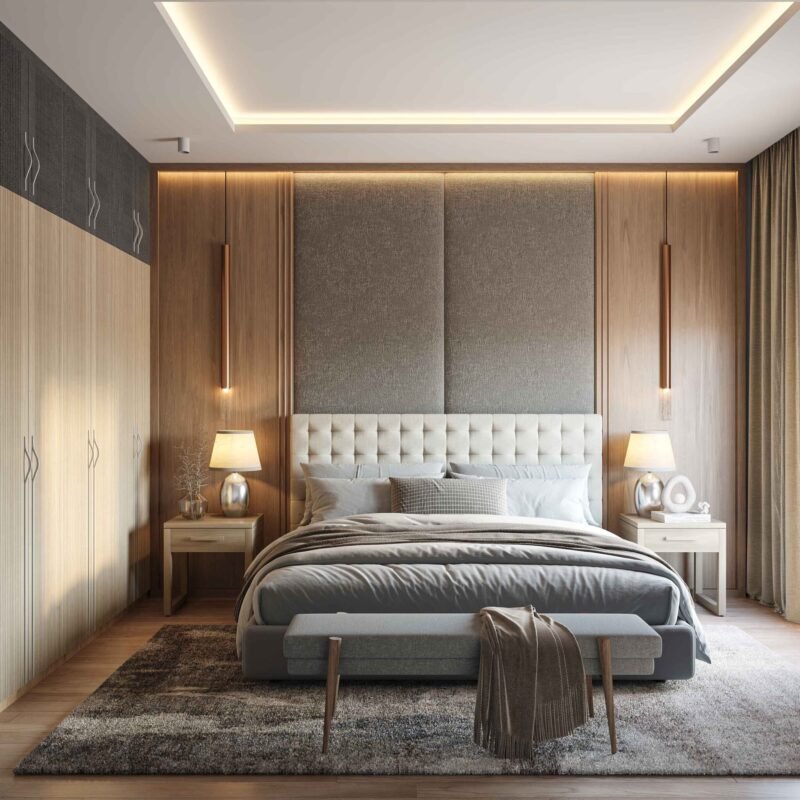 Modern Master Bedroom Design with Upholstered Bed and Wall Panels