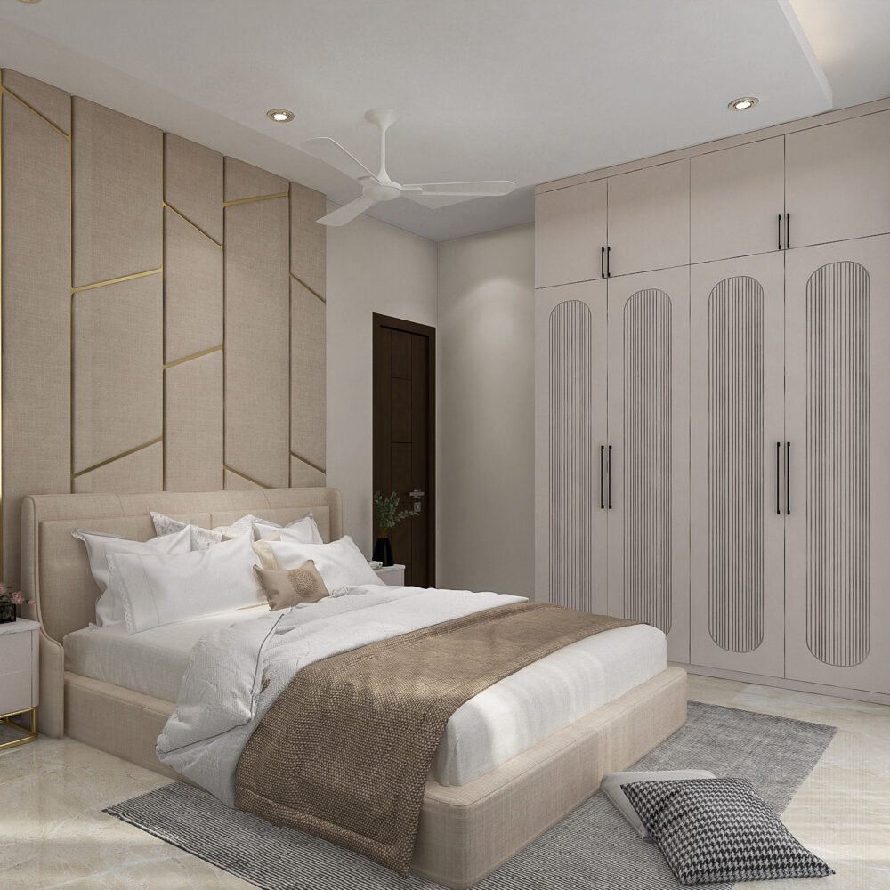Contemporary Master Bedroom Design with Cream Fabricated Wall Panel