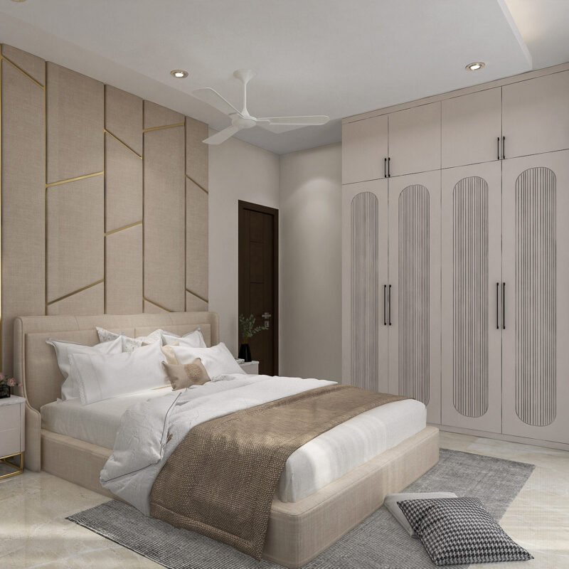 Contemporary Master Bedroom Design with Cream Fabricated Wall Panel