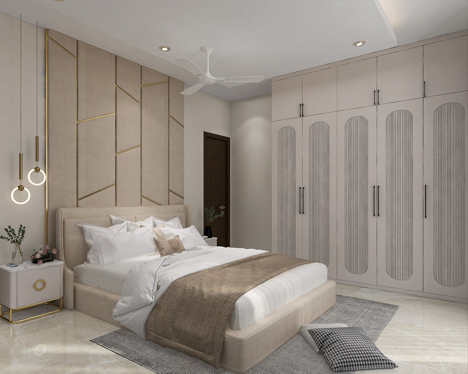 Contemporary Master Bedroom Design with Cream Fabricated Wall Panel