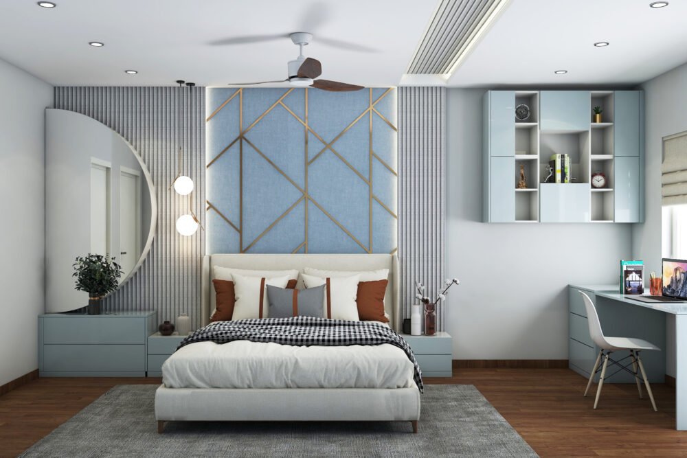 Contemporary Master Bedroom Design with Geometric Wall - MAK Galleria ...