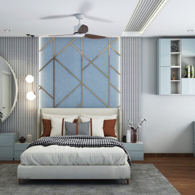Contemporary Master Bedroom Design with Geometric Wall