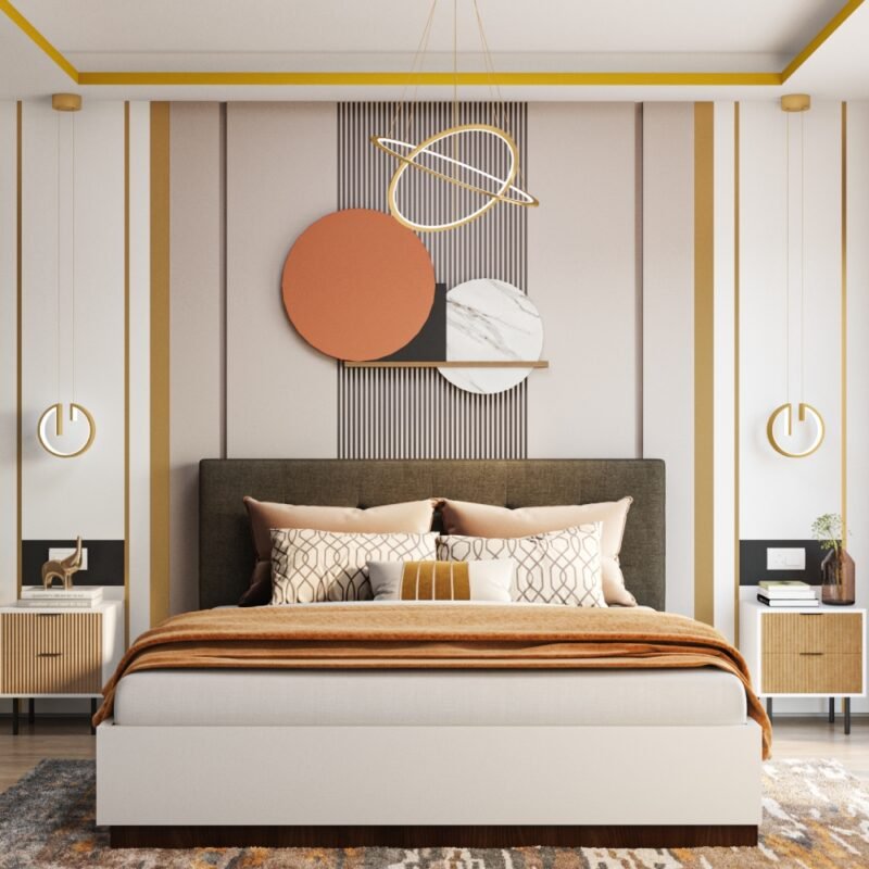 Contemporary Master Bedroom Design with Geometric Art and Vertical Paneling