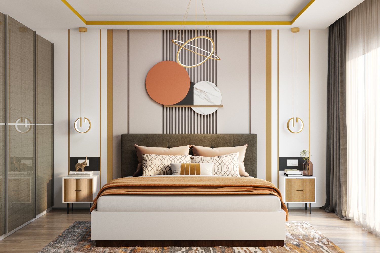 Contemporary Master Bedroom Design with Geometric Art and Vertical Paneling