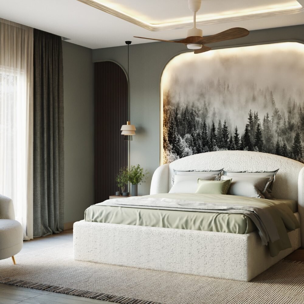 Contemporary Forest-Themed Master Bedroom Design with Boucle Bed