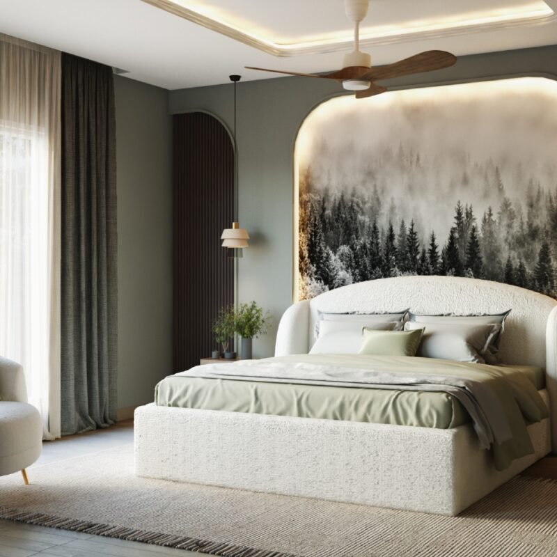 Contemporary Forest-Themed Master Bedroom Design with Boucle Bed