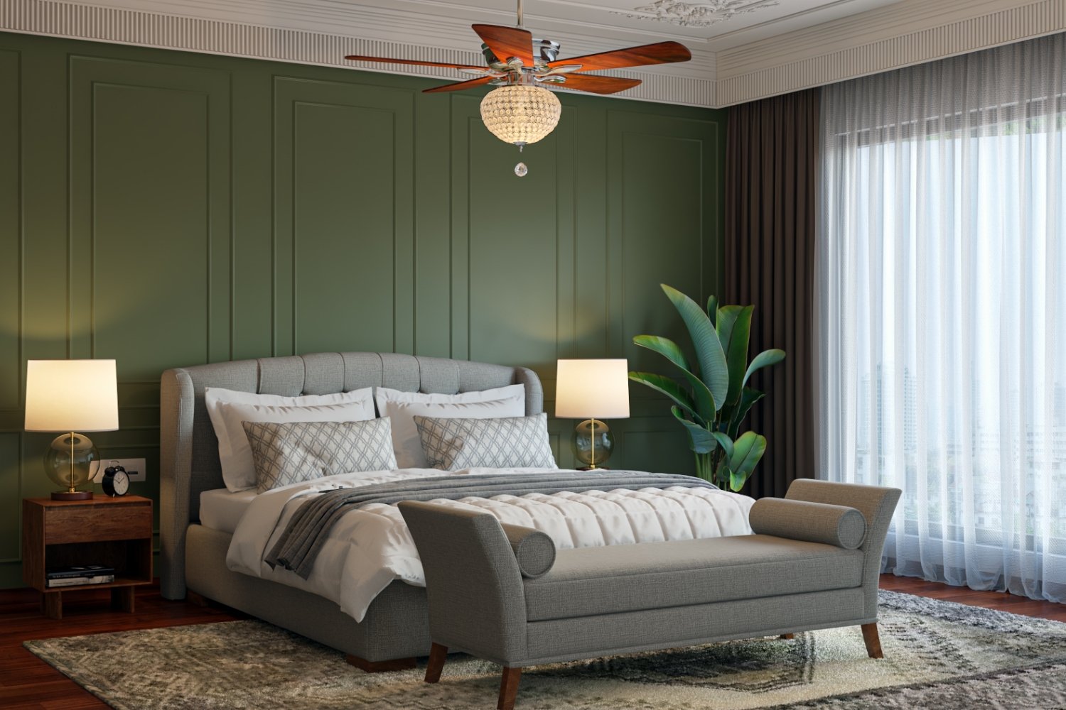 Classic Green Master Bedroom Design with Chaise Lounge
