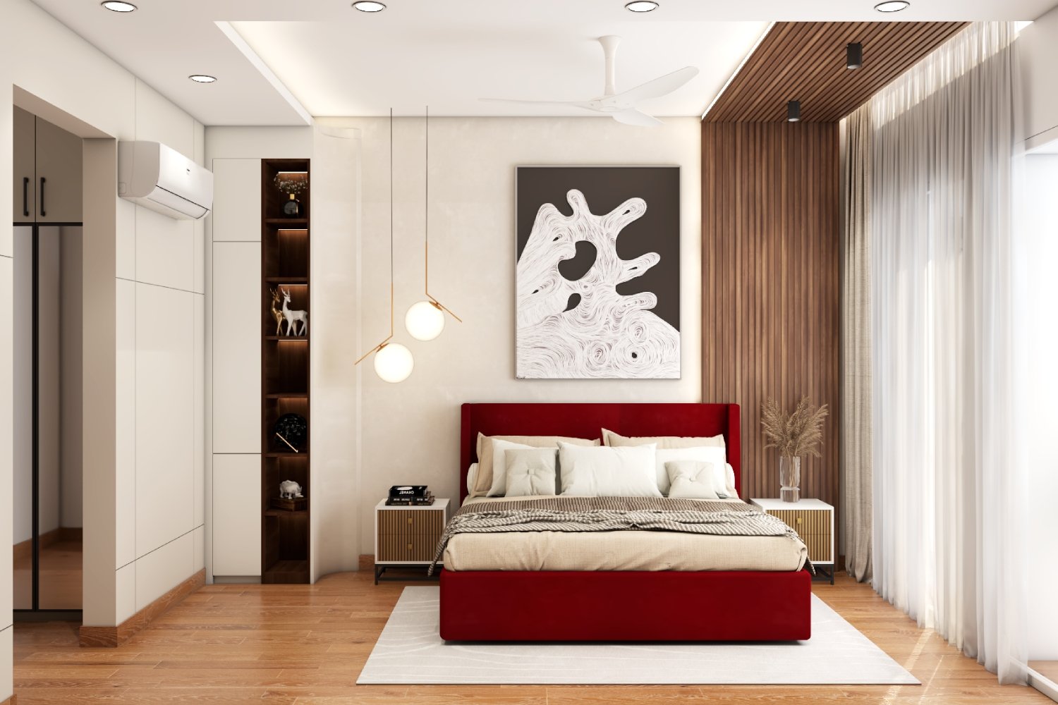 Contemporary Master Bedroom Design with Red Upholstered Bed
