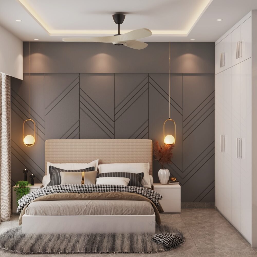 Modern Master Bedroom Design with Chevron Gray Wall and Wardrobe
