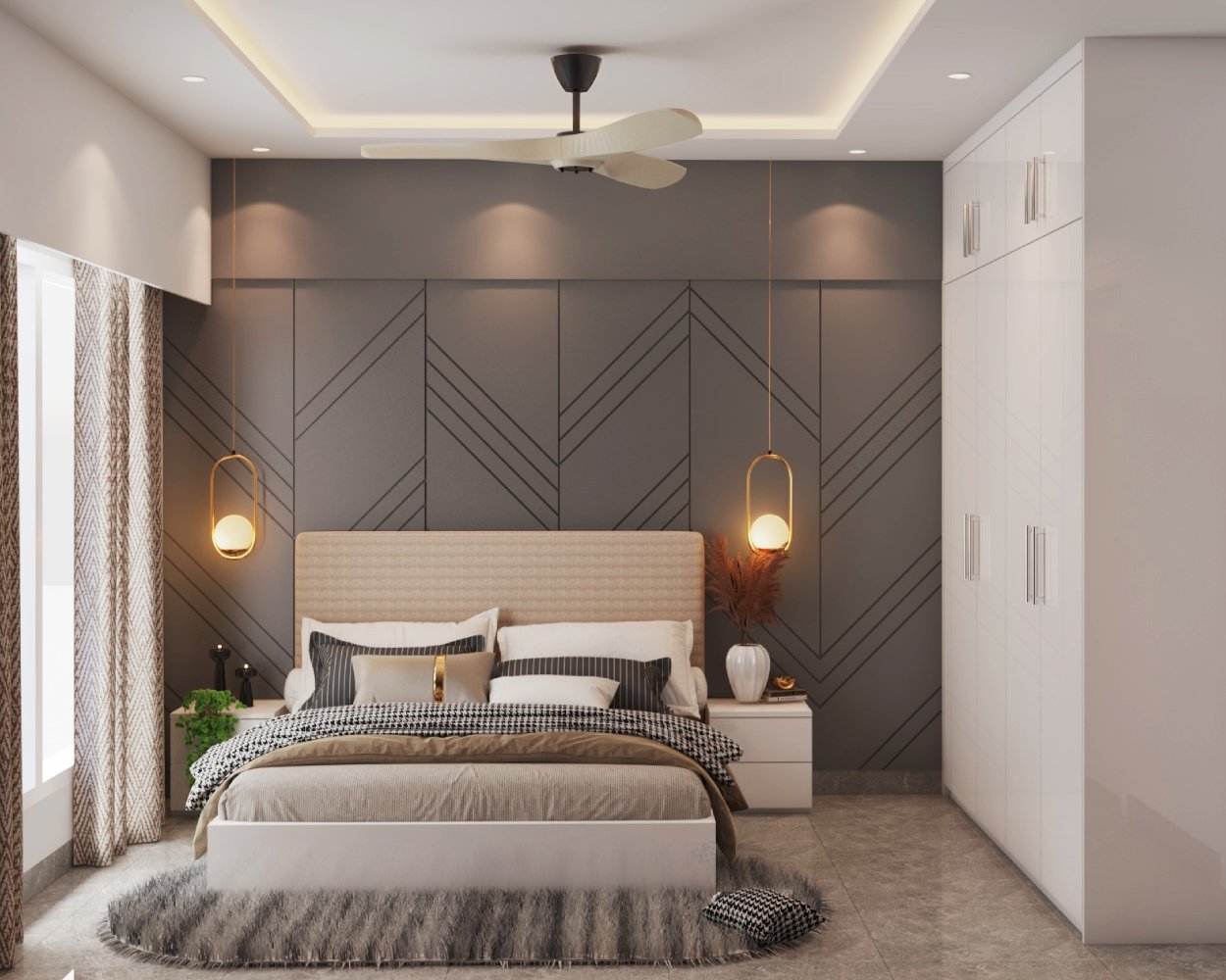 Modern Master Bedroom Design with Chevron Gray Wall and Wardrobe