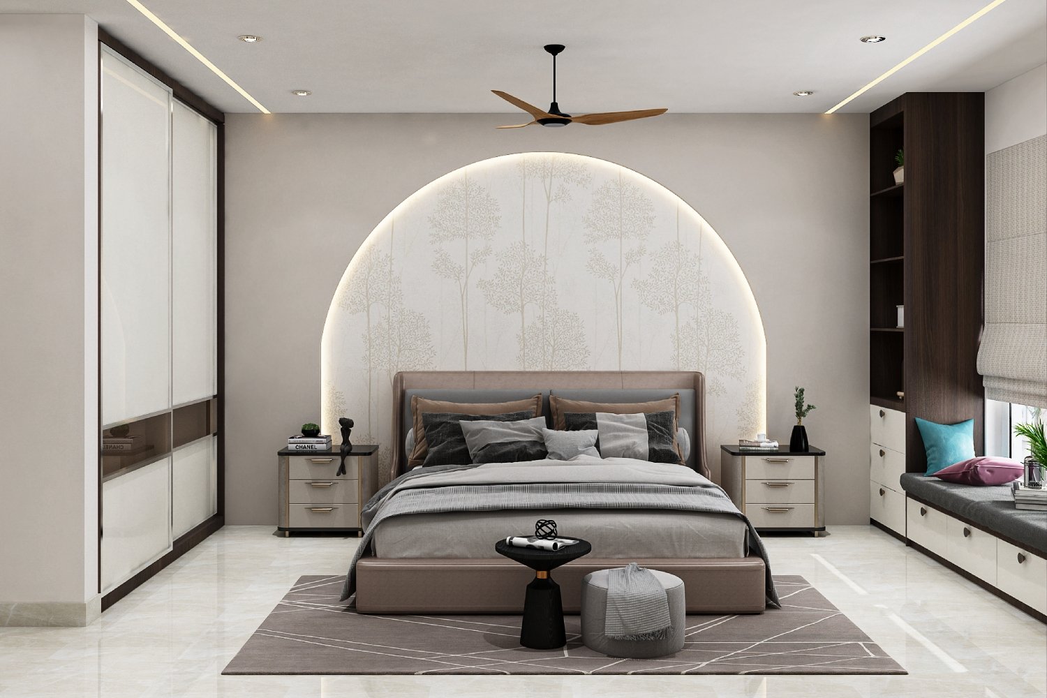 Contemporary Master Bedroom Design with Arch Wall Design