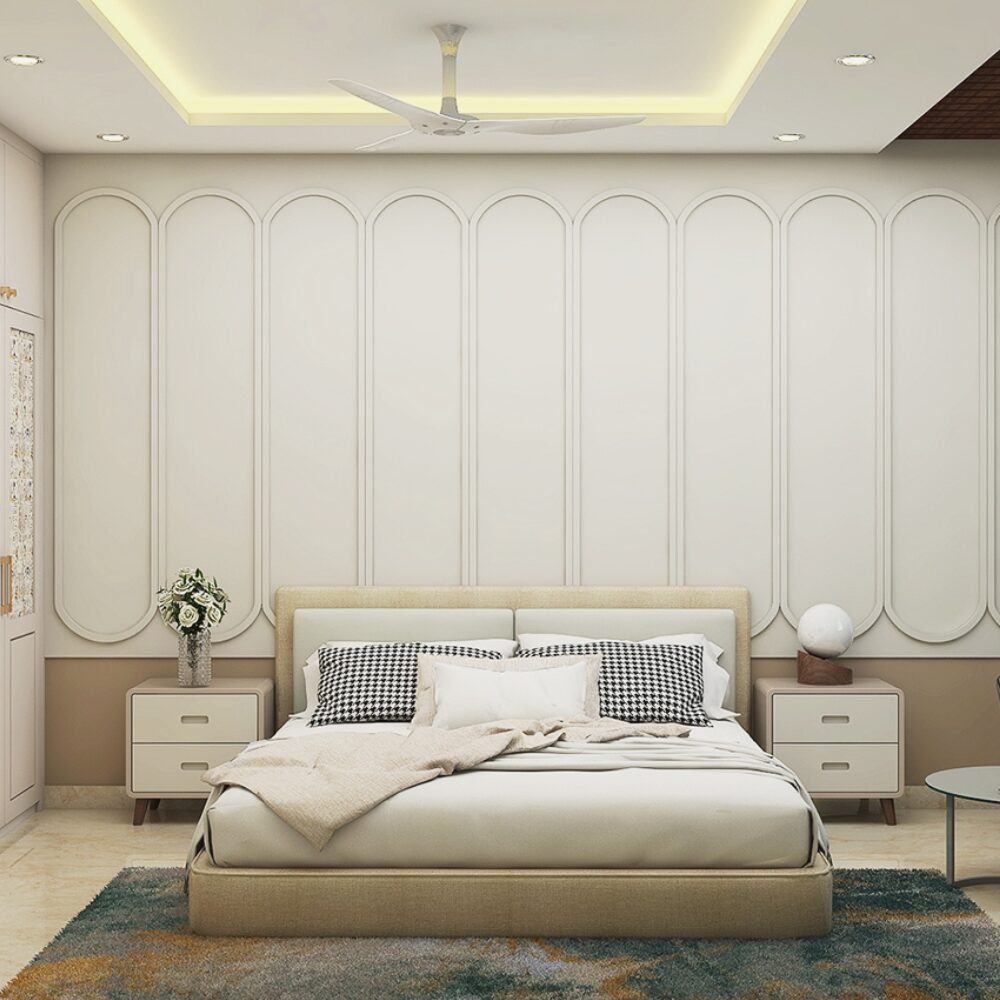 Modern Master Bedroom Design with Queen Bed, Sofa, and Curved Wall Panel
