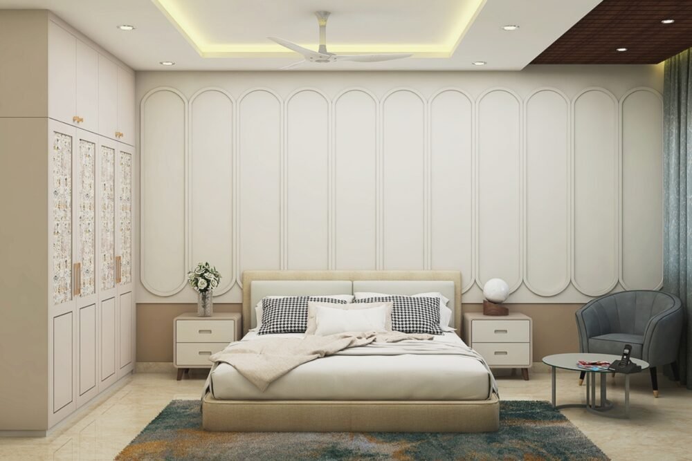 Modern Master Bedroom Design with Queen Bed, Sofa, and Curved Wall ...