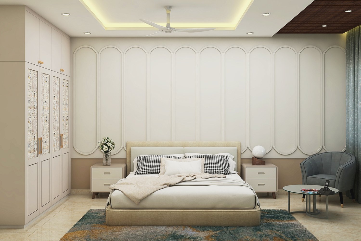 Modern Master Bedroom Design with Queen Bed, Sofa, and Curved Wall Panel