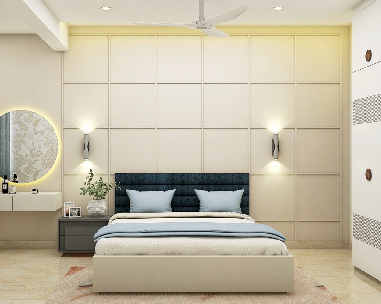 Contemporary Master Bedroom Design with Geometric Wall Paneling