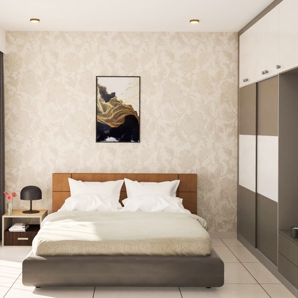 Minimal Guest Bedroom Design with Queen Bed and Floral Wallpaper Accent