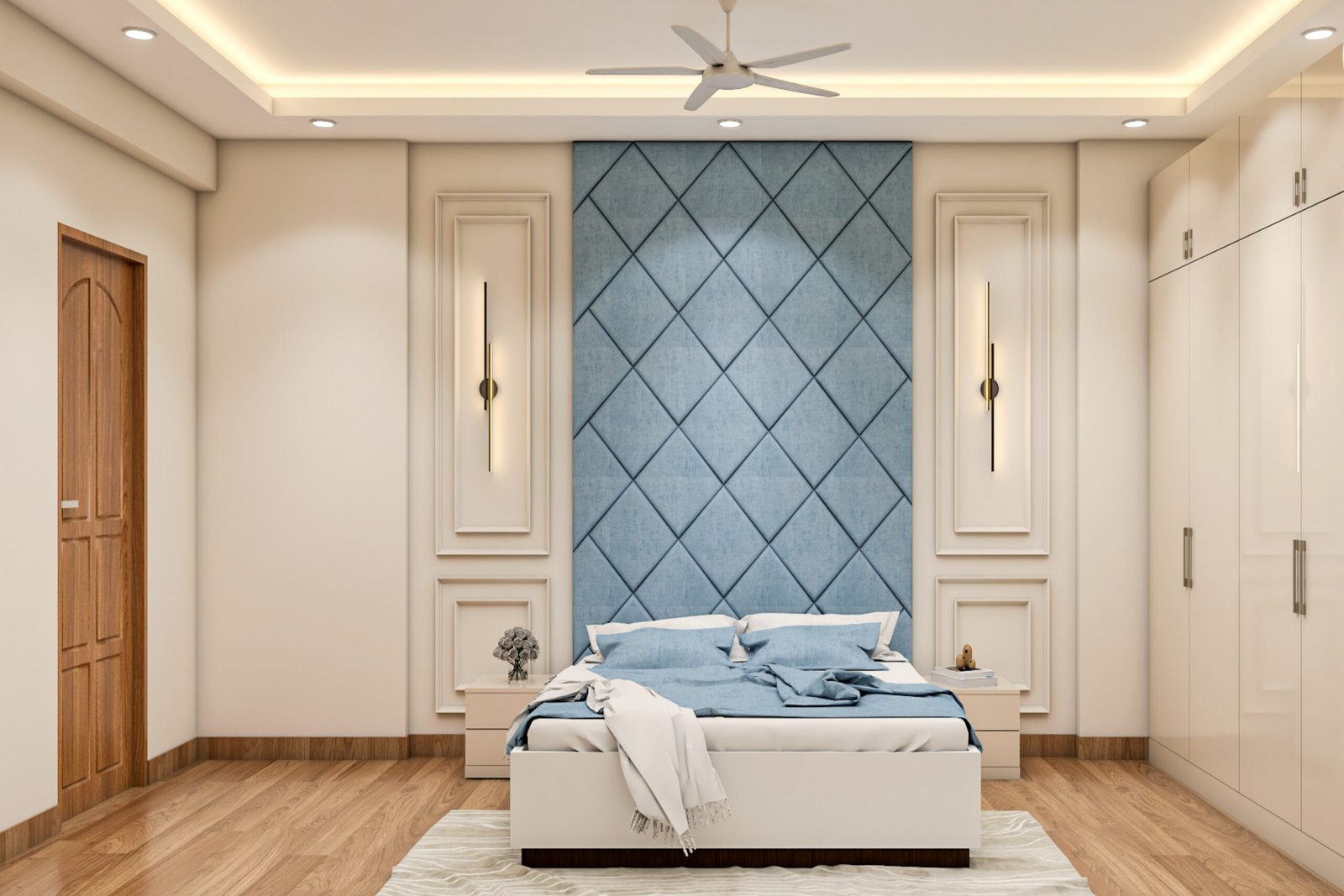 Minimal Master Bedroom Design with Upholstered King Paded Bed