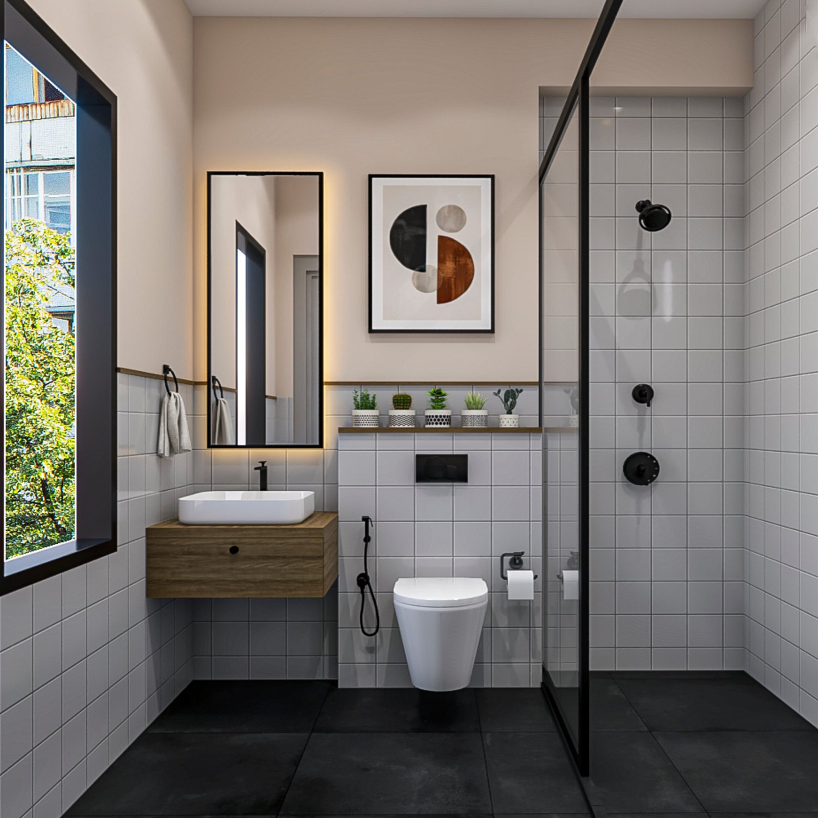 White-Walled Bathroom Design with Black Tiles and Modern Fixtures