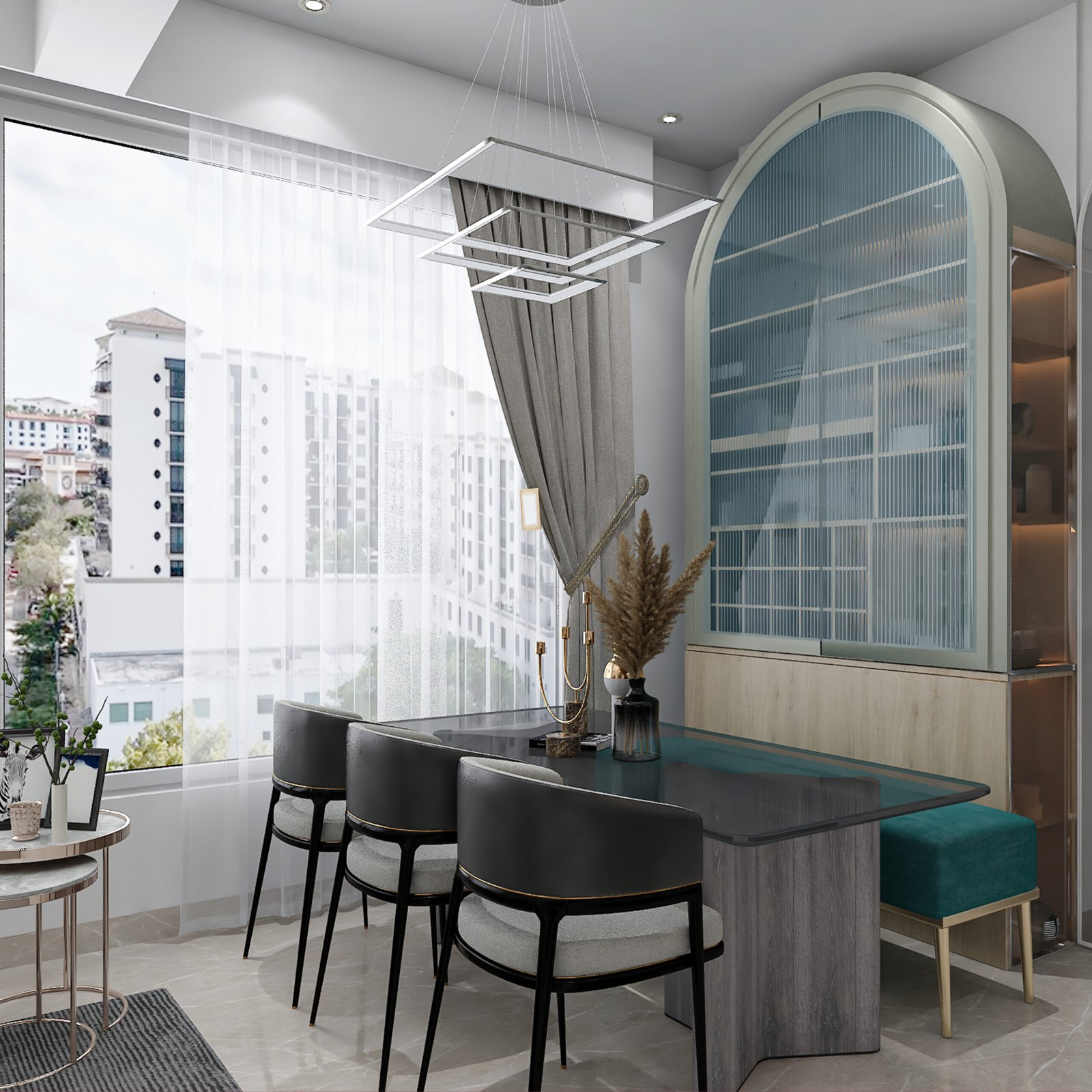 Contemporary Dining Room Design with Dark Glass Table and Bench