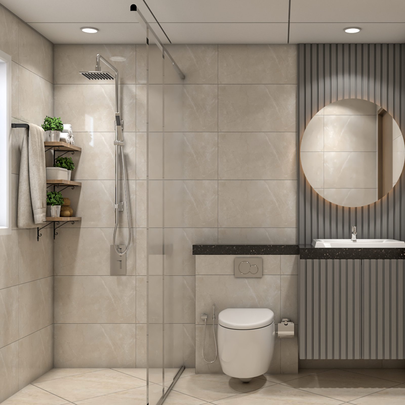 Modern Beige-Tiled Bathroom Design with Round Mirror and Slatted Vanity