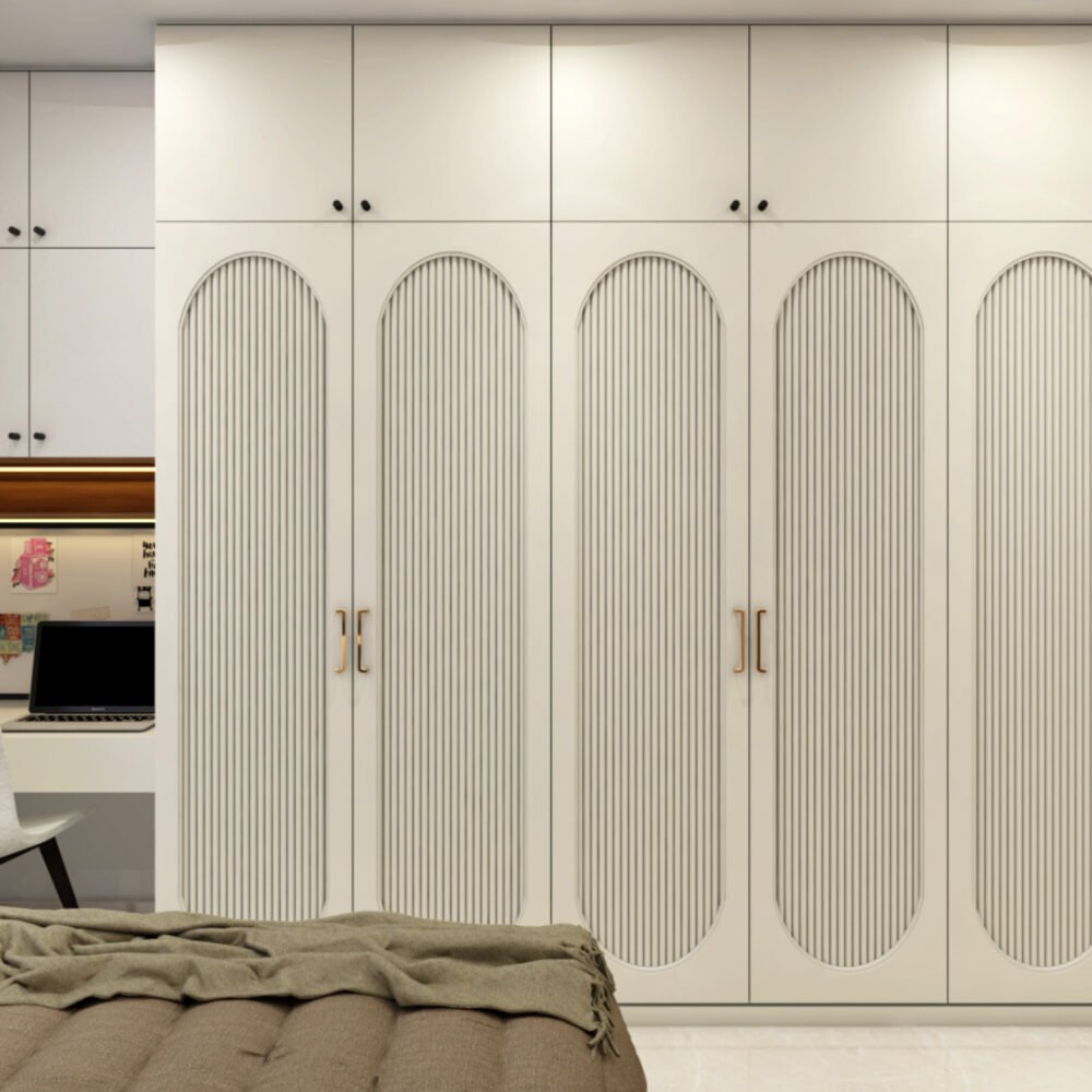 6-Door Contemporary Swing Wardrobe Design with Study in Cream Finish