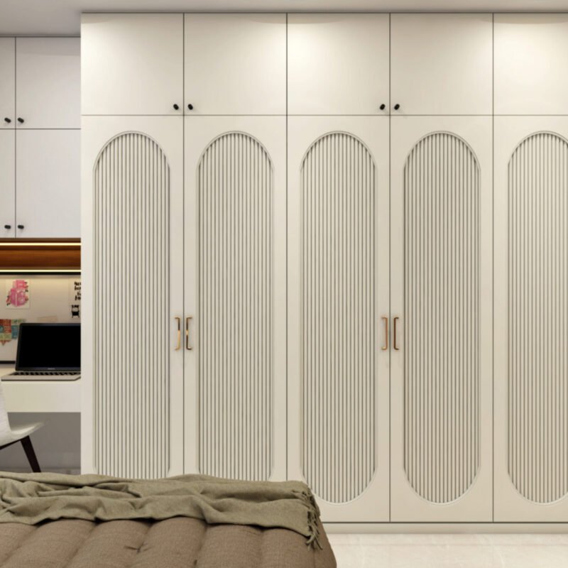 6-Door Contemporary Swing Wardrobe Design with Study in Cream Finish
