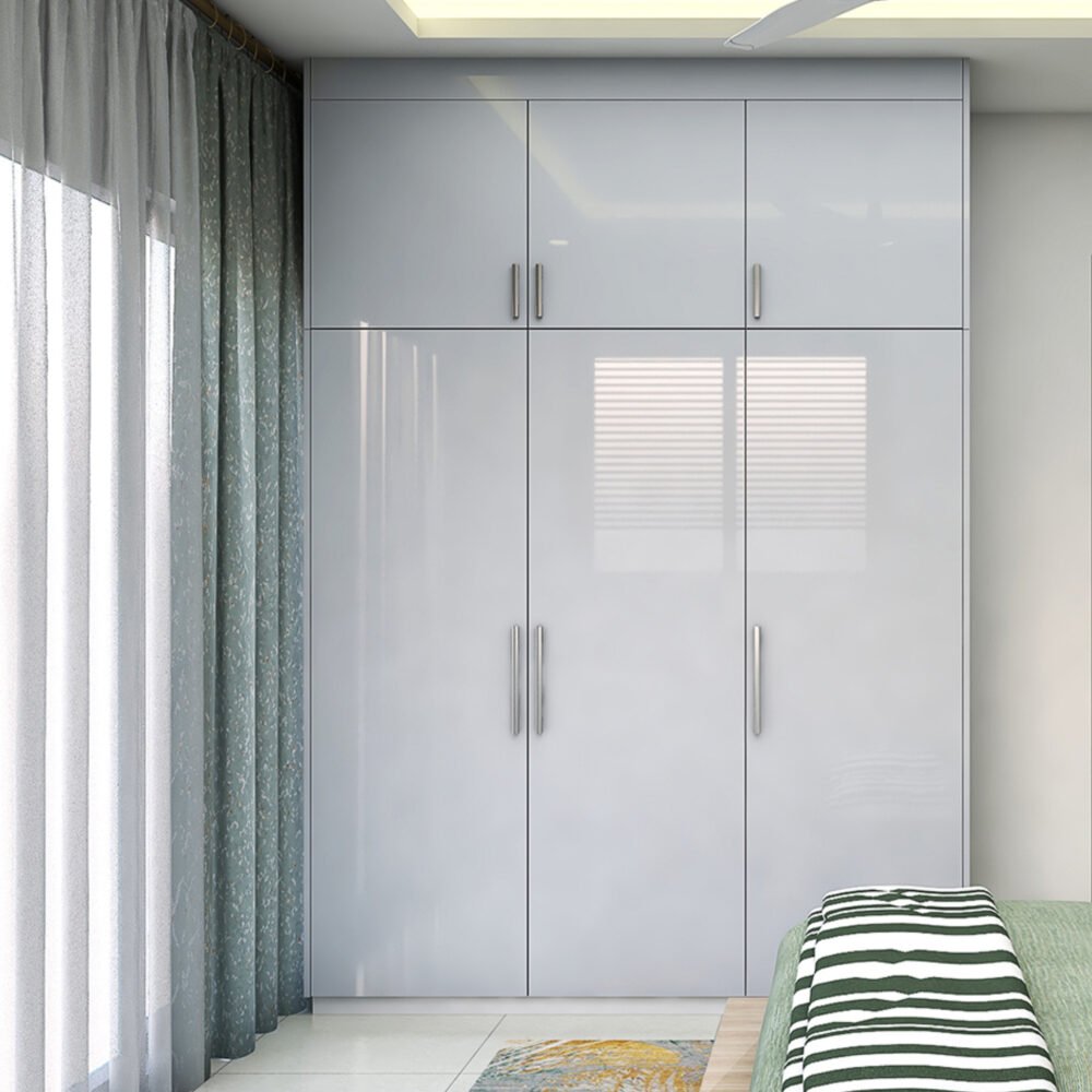 Pastel Blue Glossy Finish Swing Wardrobe Design in Minimal Style