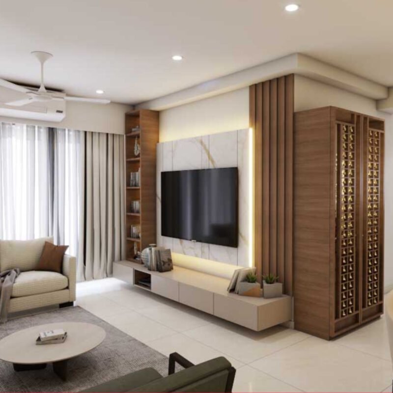 Cream Modern TV Unit Design with Marble Backdrop and Shelves