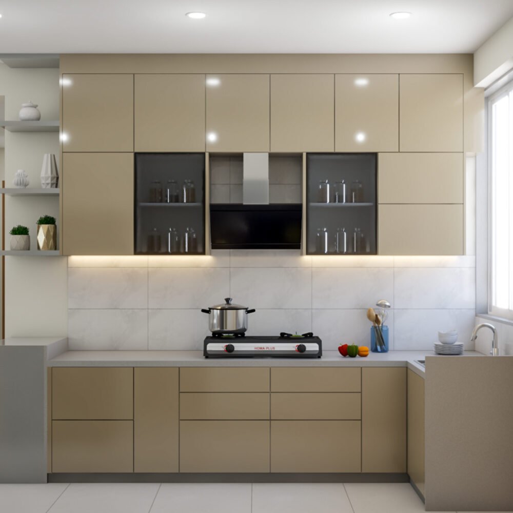 Cream L-Shape Contemporary Kitchen Design with Quartz Countertops