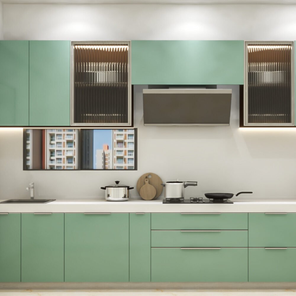Aqua Green Modern Open Kitchen Design with Quartz Countertops