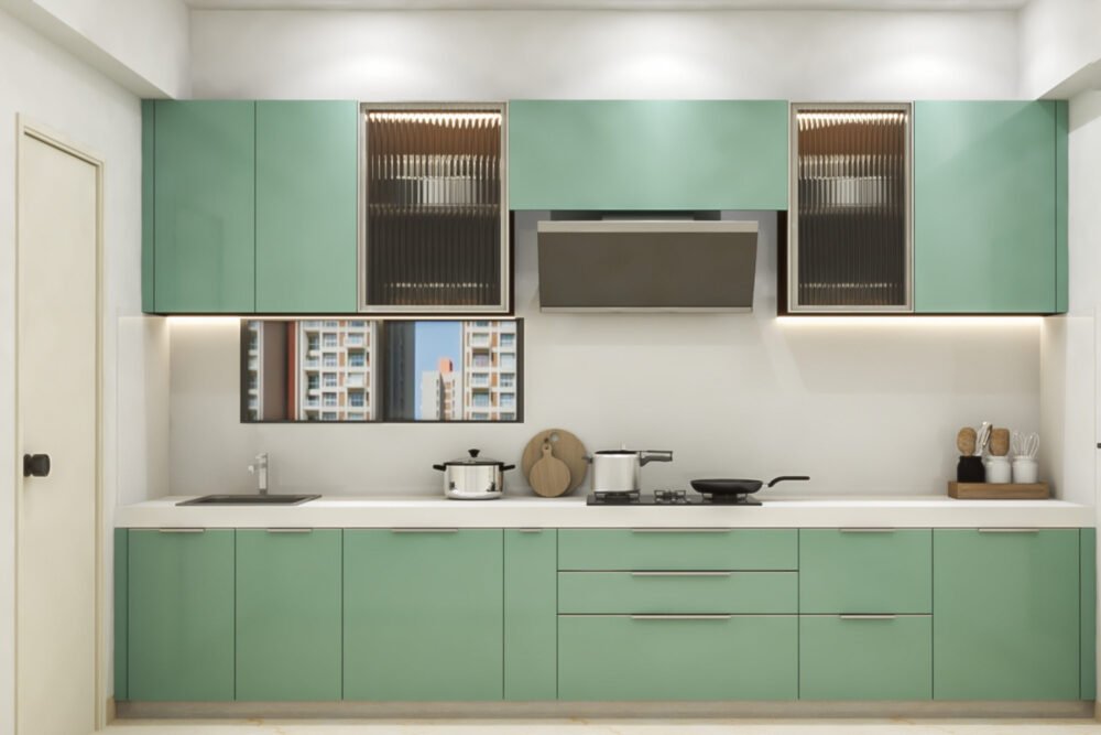 Aqua Green Modern Open Kitchen Design with Quartz Countertops