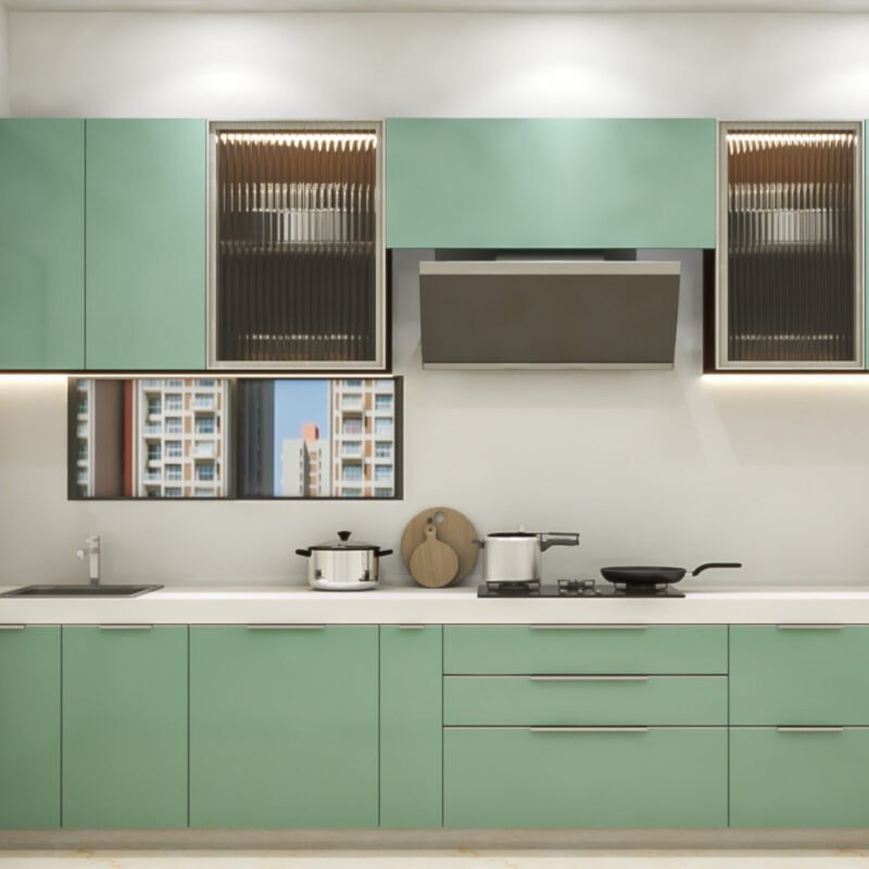 Aqua Green Modern Open Kitchen Design with Quartz Countertops