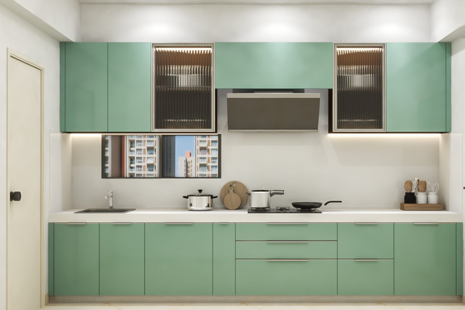 Aqua Green Modern Open Kitchen Design with Quartz Countertops