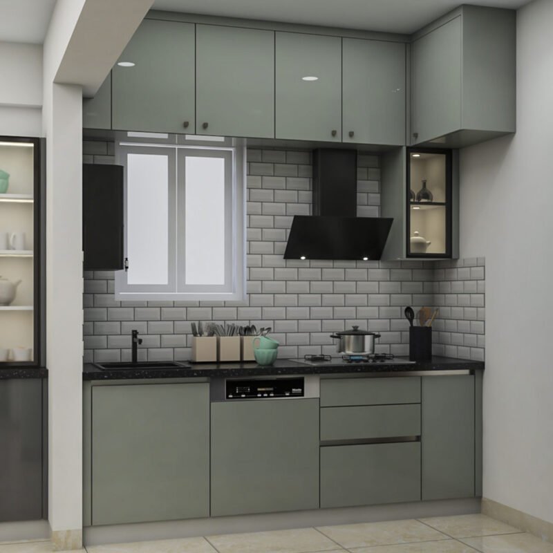 Modern Open Kitchen Design With Black Accents and Exhaust Hood