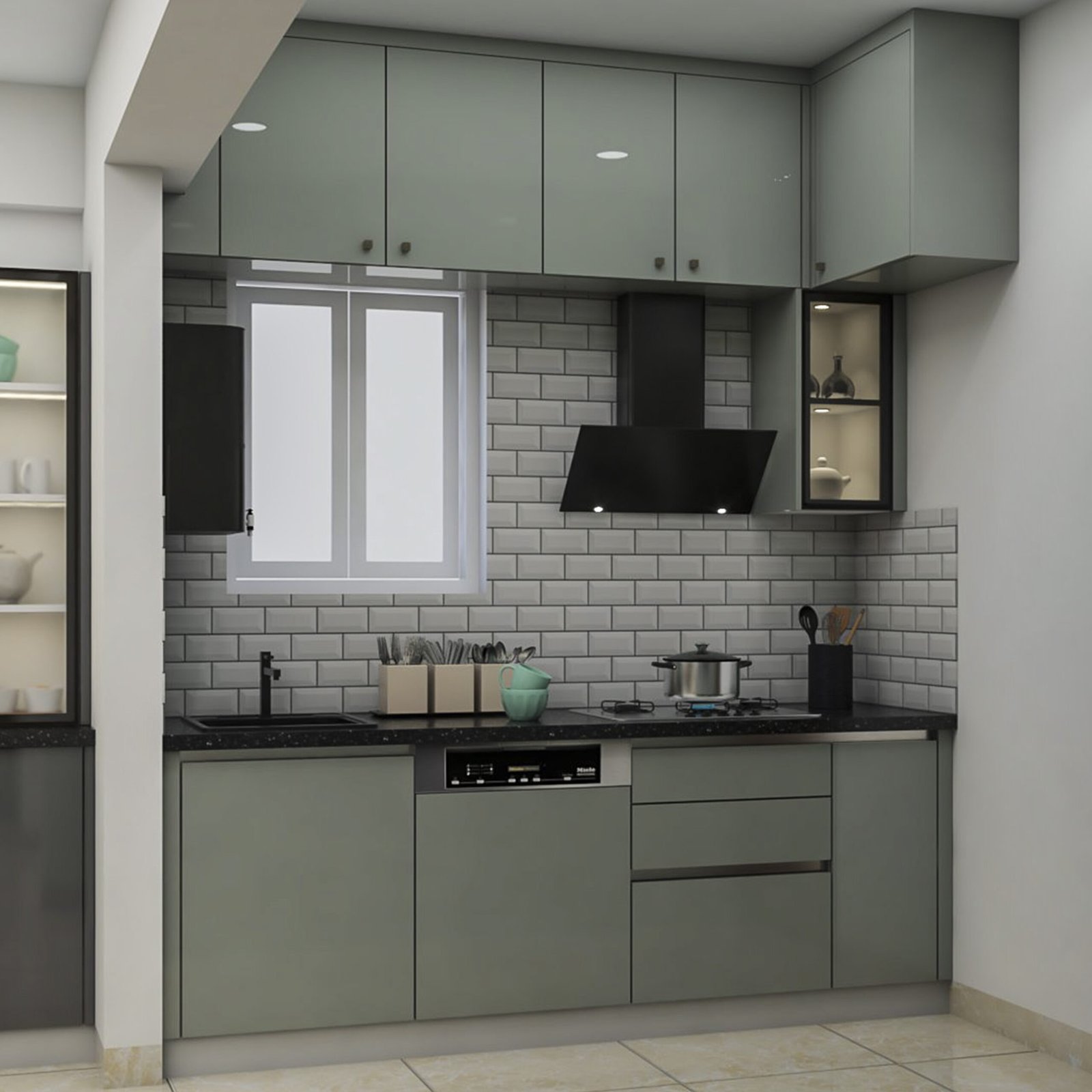 Modern Open Kitchen Design With Black Accents and Exhaust Hood