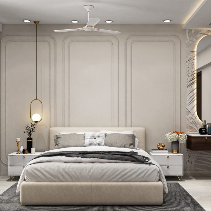Warm Beige Modern Guest Bedroom Design with Rounded Molding