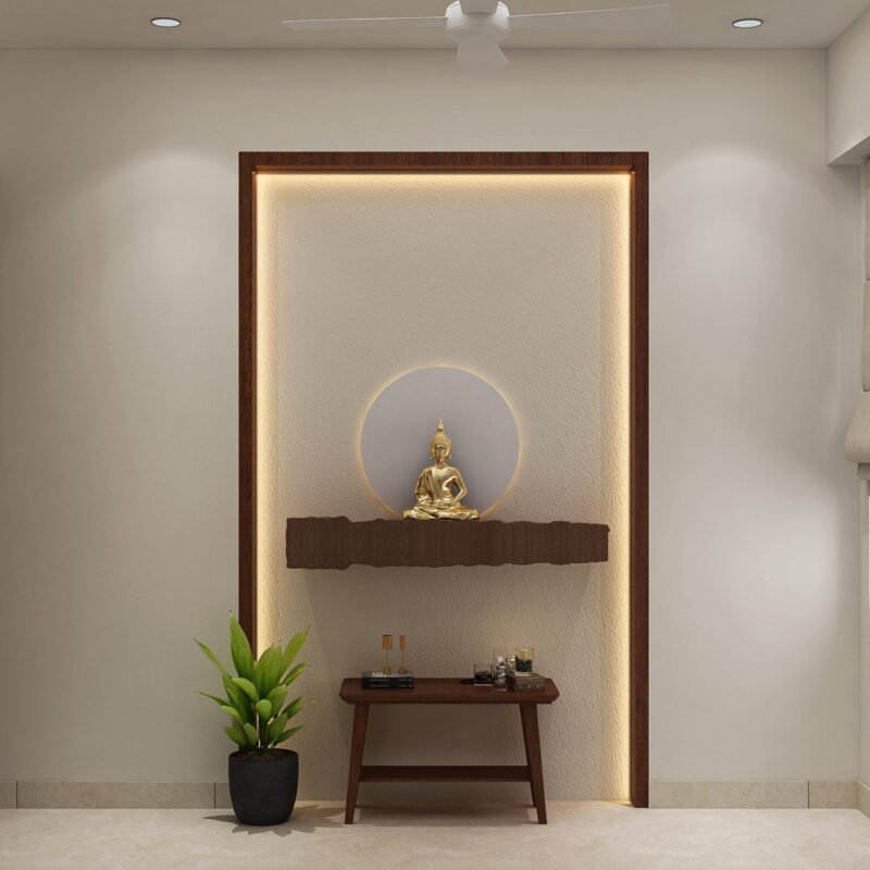 Wall-Mounted Minimal Pooja Unit Design with Golden Buddha