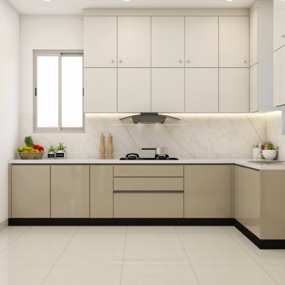 L-Shaped Contemporary Kitchen Design With Irish Cream and White Tones