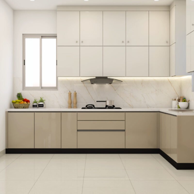 L-Shaped Contemporary Kitchen Design With Irish Cream and White Tones