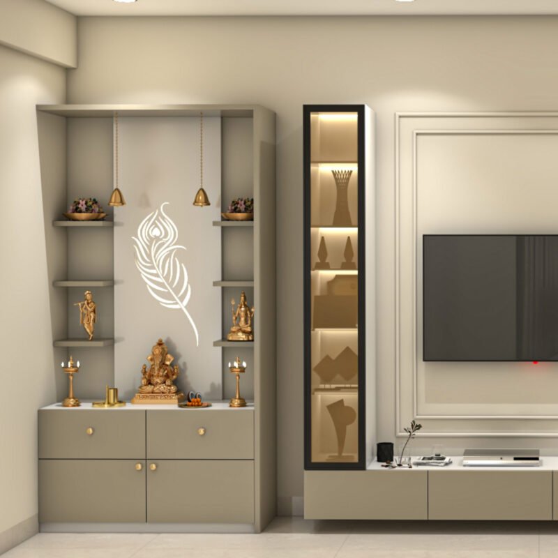 Contemporary Cream Pooja Unit Design with Backlit Display Cabinet