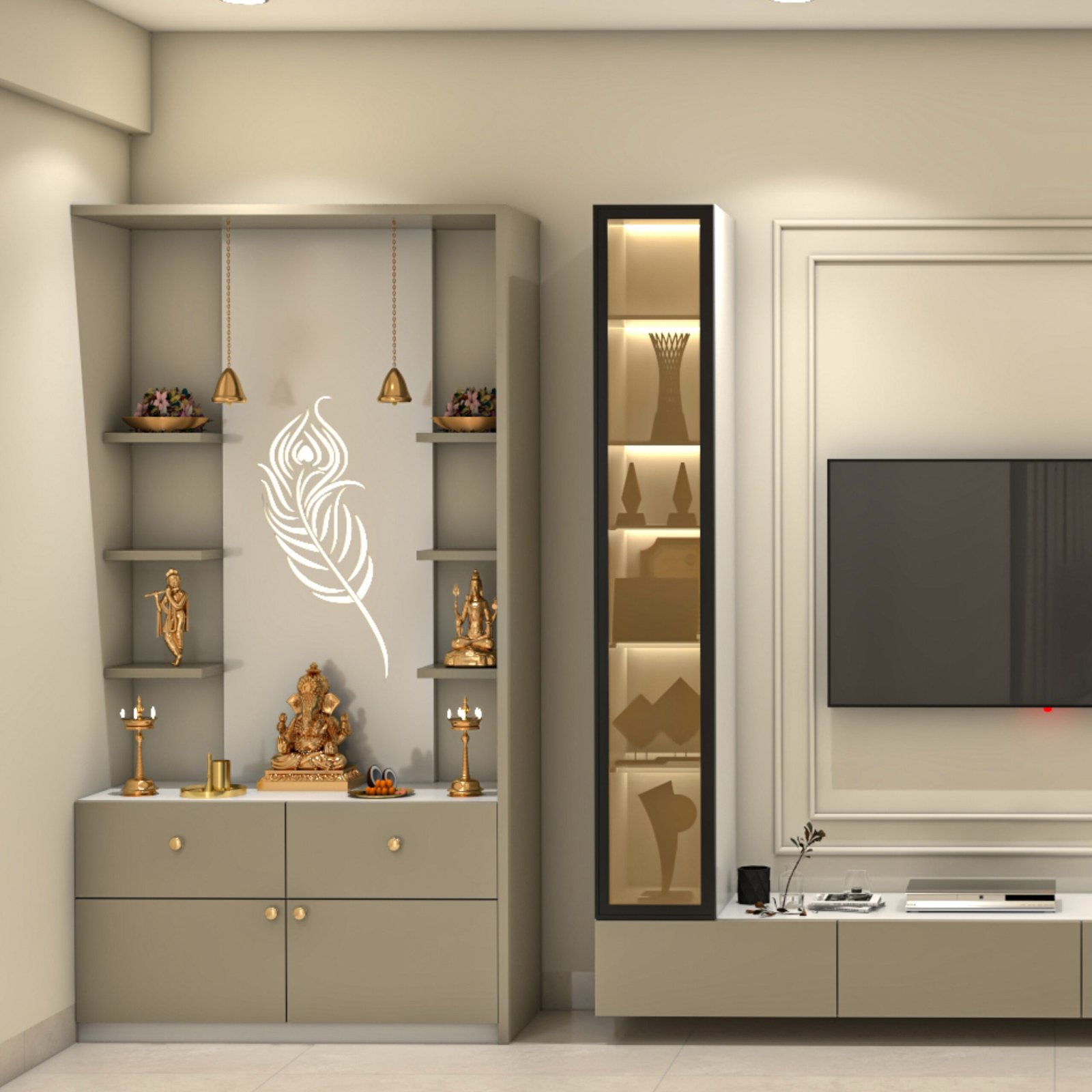 Contemporary Cream Pooja Unit Design with Backlit Display Cabinet