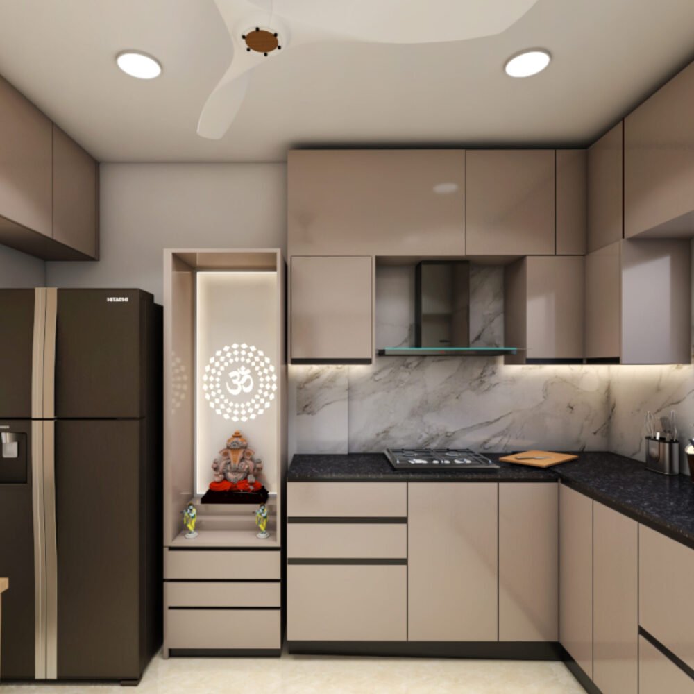 Irish Cream Contemporary U-Shaped Kitchen Design With Granite Countertops