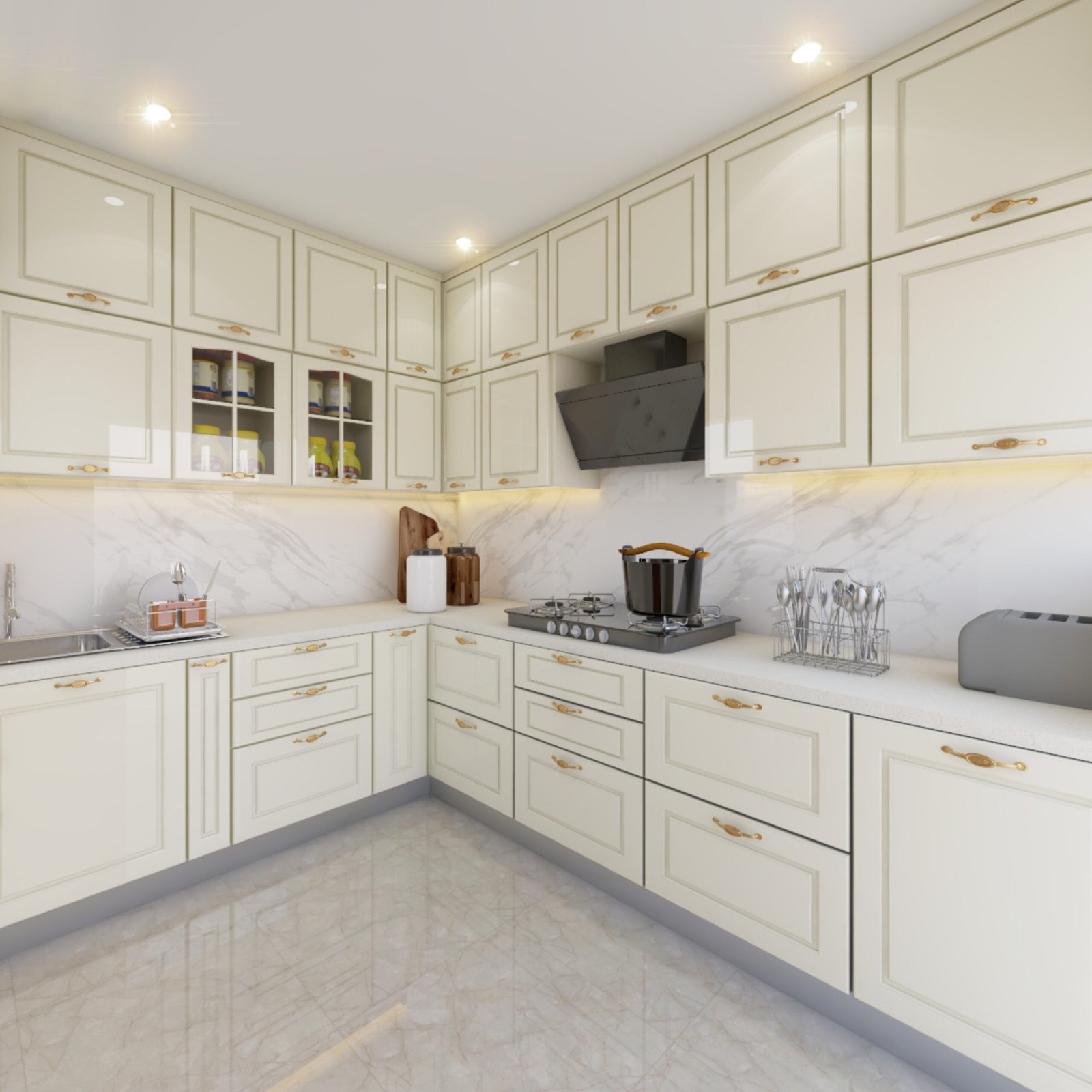 Classic L-Shaped Kitchen Design in Off White With Cream Cabinets