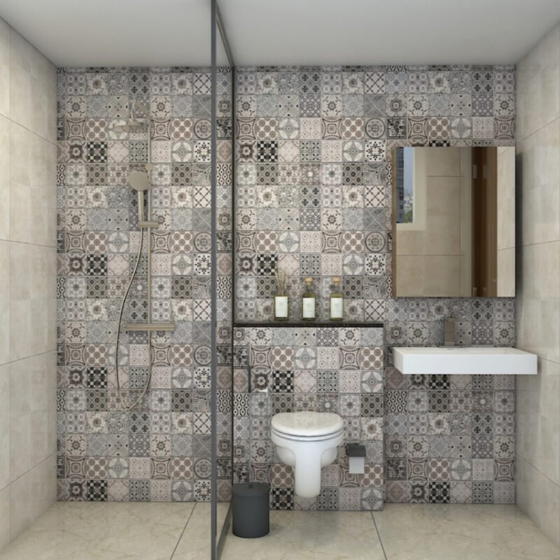 Contemporary Bathroom Design with Patterned Accent Wall